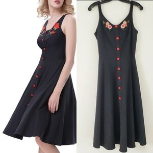 ACEVOG Black Cotton Mid Dress with Floral Embroidery Size S